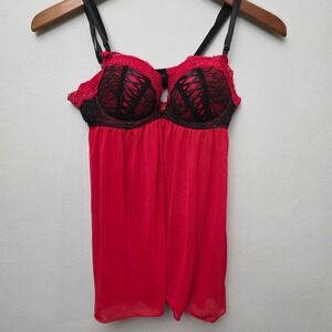 Daisy Fuentes Red Black‎ Lace Corset Babydoll Lingerie Chemise Size S